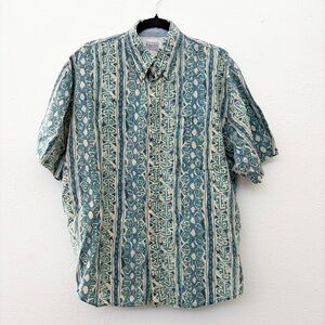 Vintage Bugle Boy Men's Hawaiian Button Up Short Sleeve Teal Shirt Size L